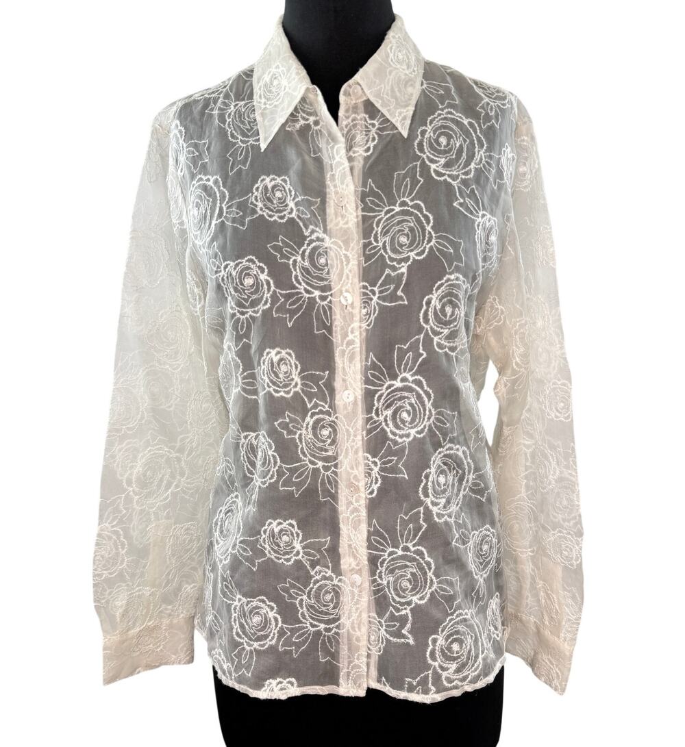 VINTAGE Rena Rowan Blouse Silk Sheer Floral Collared Button-Up Size 16 Ivory